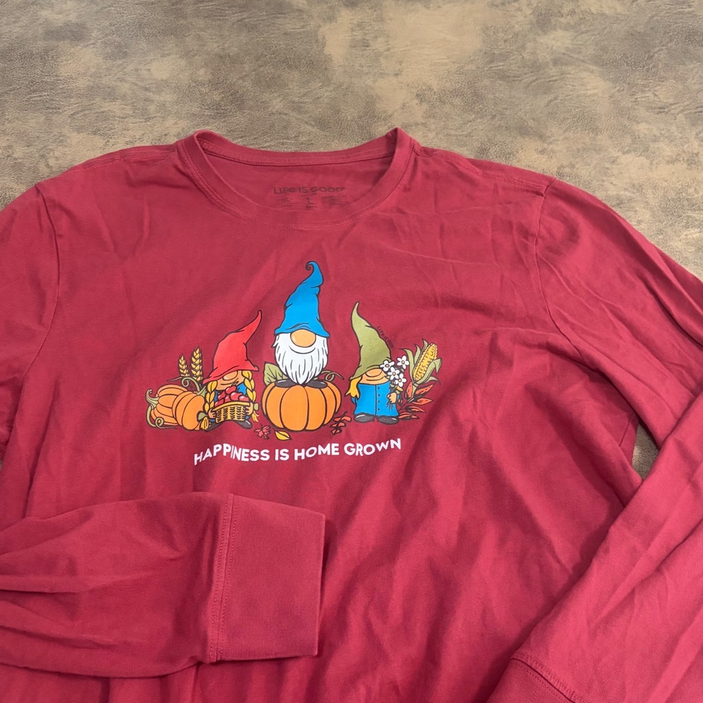 Life is Good Long Sleeve Tee Mens L Red Gnomes Happiness is Home Grown Shirt